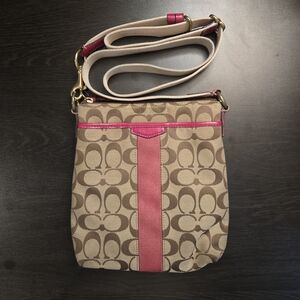 Coach Signature Stripe Khaki & Fuschia Swingpack Crossbody Bag